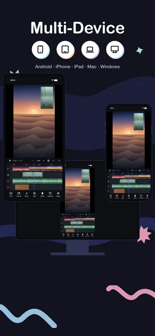 ProCut multi-device store frame showing the app running on a tablet, a phone and a desktop, captioned Android, iPhone, iPad, Mac and Windows
