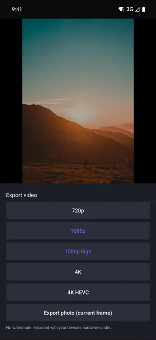 Export sheet listing 720p, 1080p, 1080p high, 4K, 4K HEVC and export photo