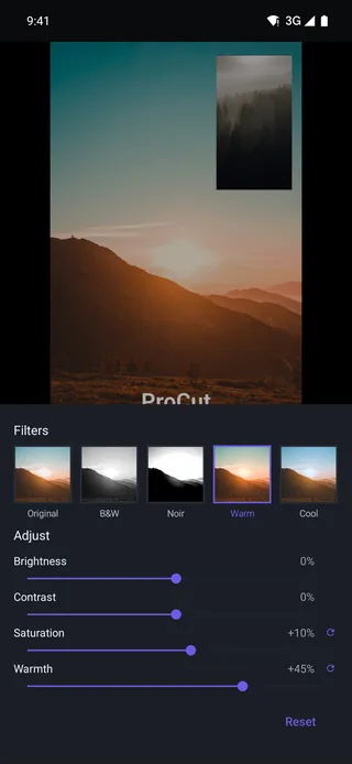 Filter picker with live per-frame previews and sliders for brightness, contrast, saturation and warmth