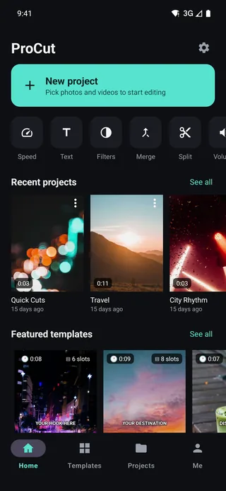 ProCut home screen with recent projects, one-tap tools and featured templates