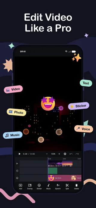 ProCut store frame reading Edit Video Like a Pro, showing the editor with labels pointing at Video, Photo, Music, Text, Sticker and Voice around a phone holding a three-lane timeline