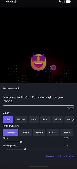 ProCut text to speech panel with a text box showing 50 of 5000 characters, voice options Adam, Michael, Bella, Sarah, Nicole and George, an installed voice row, pitch 0.85x and reading speed 0.95x sliders, and Preview and Add to timeline buttons