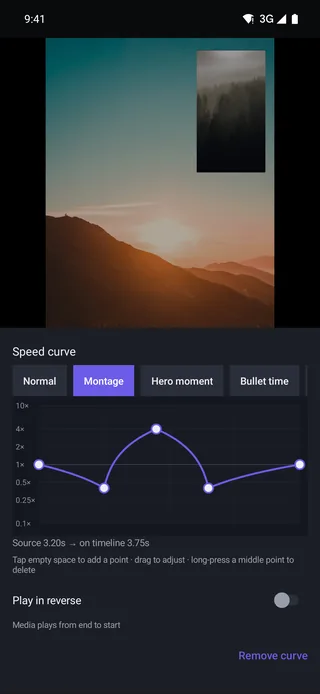 Speed curve editor showing the Montage preset and the resulting clip length