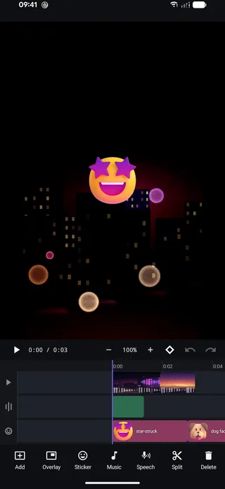 ProCut editor showing a sticker lane containing two sticker clips beneath the video lane, with a toolbar reading Add, Overlay, Sticker, Music, Speech, Split and Delete