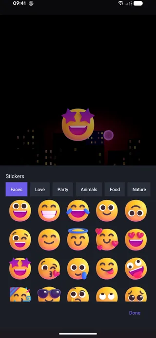 ProCut sticker picker with category tabs Faces, Love, Party, Animals, Food and Nature above a grid of 3D emoji including star-struck, heart eyes, party popper and dog faces
