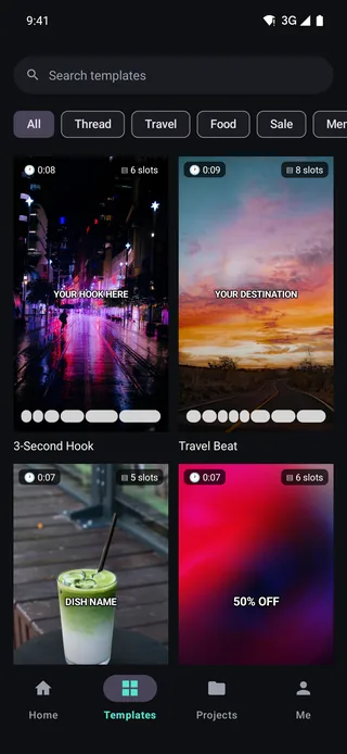 Template grid showing durations and how many clip slots each template takes