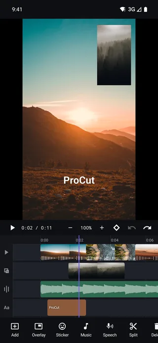 ProCut editor with four lanes: video with thumbnails and waveform, an overlay clip, an audio track and a text clip