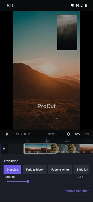 Transition picker with dissolve, fade to black, fade to white and slide, and a duration field